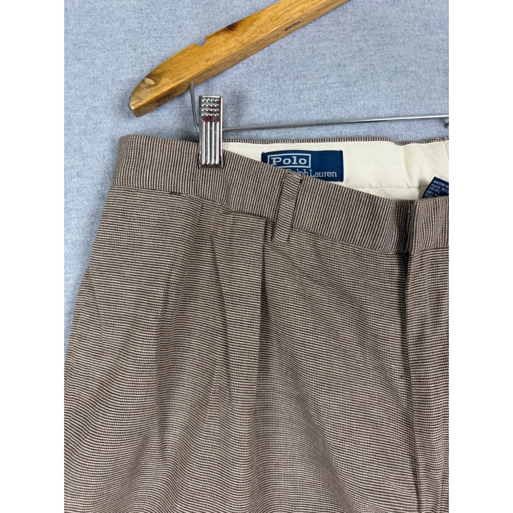 Polo Ralph Lauren Mens Brown Micro Houndstooth Pleated Cuffed Cotton Pants 35x27